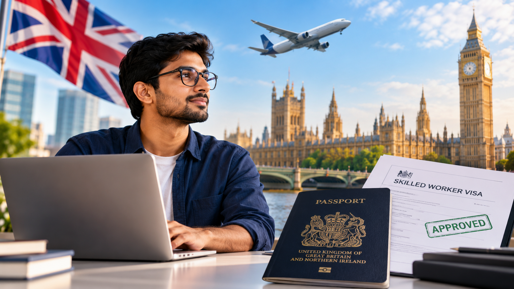 UK Skilled Worker Visa sponsorship for IT professionals in Hyderabad with London skyline and approved visa documents.